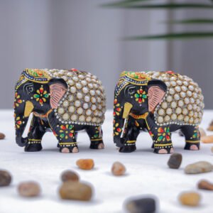 Handcrafted Wooden Elephant Pair – Turquoise Stone Inlay Art
