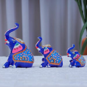 Hand-Painted Meenakari Baby Elephant Set – Blue (Set of 3)