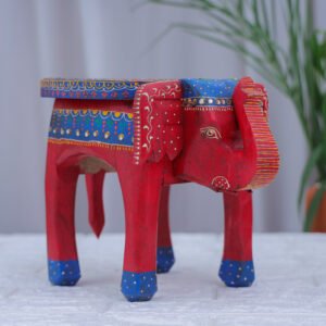 Handcrafted Elephant Stool –  Red & Blue