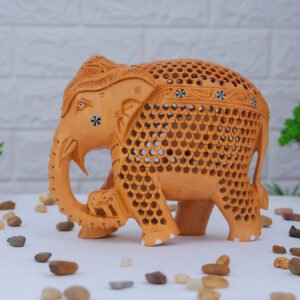 Hand-Carved Wooden Elephant with Baby Inside – Jali Work